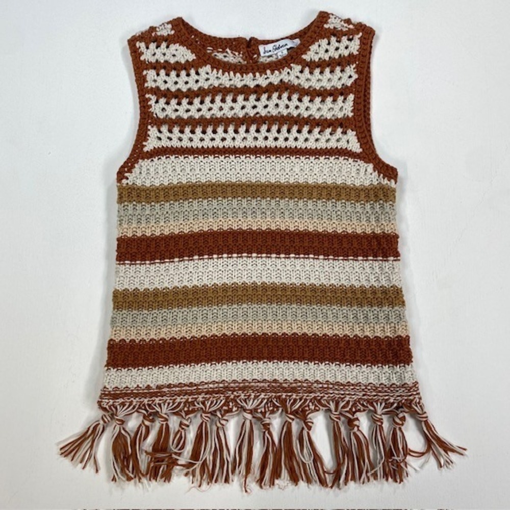 Womens Small Boho Striped Crochet Knit Fringe Sleeveless Brown Topā Sam Edelman